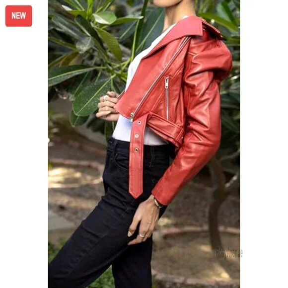 Genuine Leather Cropped Moto Jacket with Belt, Asymmetric Zip, Epaulets